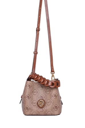 Monogram Baskılı Örme Kulp Detaylı Küçük Boy Kadın El Çantası Camel