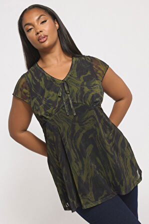 Büyük Beden Kısa Kollu V Yaka Astarlı Transparan T-shirt 304315