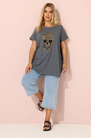 Büyük Beden Kısa Kollu Bisiklet Yaka Baskılı T-shirt 304191