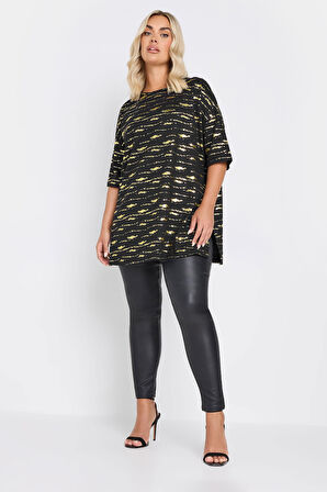 Büyük Beden Kısa Kollu Bisiklet Yaka Baskılı Yırtmaçlı Uzun T-shirt 303664