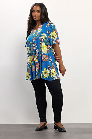 Büyük Beden Kısa Kollu V Yaka Baskılı T-shirt 304339