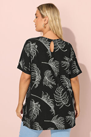 Büyük Beden Kısa Kollu Bisiklet Yaka Baskılı Yırtmaçlı Uzun T-shirt 303780