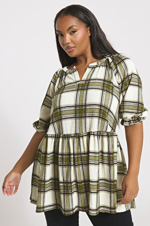 Büyük Beden Kısa Kollu V Yaka Fırfırlı Beli Lastikli Kareli T-shirt 322964