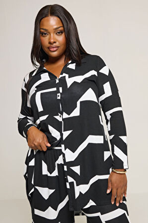 Büyük Beden Uzun Kollu Soyut Desenli Uzun Gömlek 304106