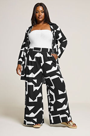 Büyük Beden Uzun Kollu Soyut Desenli Uzun Gömlek 304106