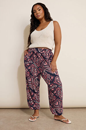 Büyük Beden Cepli Beli Paçası Lastikli Etnik Desenli Pantolon 310144