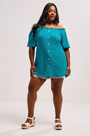 Büyük Beden Düşük Omuz Düğme Detaylı Straplez Bluz 322705