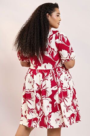 Büyük Beden Yakası Bağlamalı Çiçek Desenli Bürümcük Kumaş Diz Üstü Elbise 304113