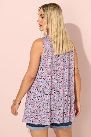 Büyük Beden V Yaka Sıfır Kol Çiçek Desenli Astarsız Dantel Bluz 304217