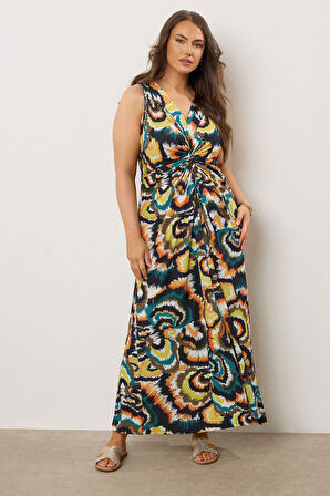 Büyük Beden V Yaka Sıfır Kol Önü Büzgülü Soyut Desenli Maxi Elbise 616343