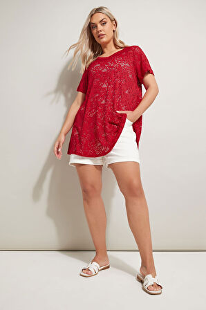 Büyük Beden V Yaka Kısa Kollu Dantel Desen Astarsız T-shirt 304093