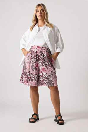 Büyük Beden Cepli Bürümcük Kumaş Baskılı Şort 145354