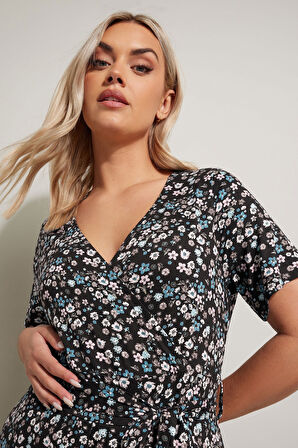 Büyük Beden V yaka Kısa Kollu Beli Kuşaklı Çiçek Desenli Maxi Elbise 304081