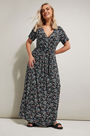 Büyük Beden V yaka Kısa Kollu Beli Kuşaklı Çiçek Desenli Maxi Elbise 304081