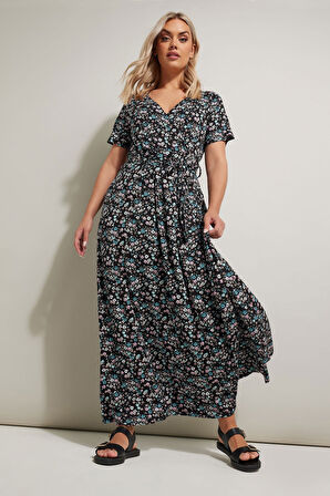 Büyük Beden V yaka Kısa Kollu Beli Kuşaklı Çiçek Desenli Maxi Elbise 304081