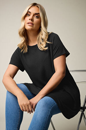 Büyük Beden Bisiklet Yaka Kısa Kollu Bürümcük Kumaş Uzun T-shirt 304000