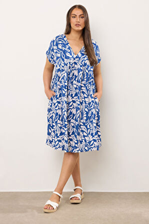 Büyük Beden V Yaka Kısa Kollu Cepli Çiçek Desenli Midi Elbise 616286