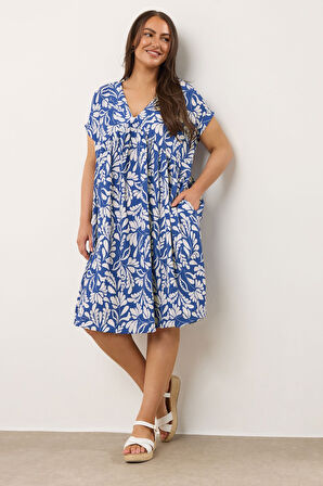 Büyük Beden V Yaka Kısa Kollu Cepli Çiçek Desenli Midi Elbise 616286