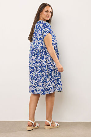 Büyük Beden V Yaka Kısa Kollu Cepli Çiçek Desenli Midi Elbise 616286