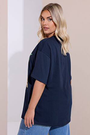 Büyük Beden Bisiklet Yaka Kısa Kollu Çiçek Desenli T-shirt 304198