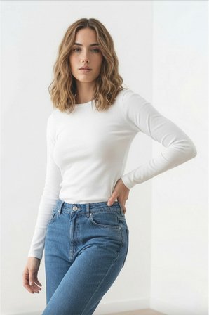 Kadın Esnek Kumaşlı Vücuda Oturan Slim Fit Uzun Kollu Lacivert T-Shirt
