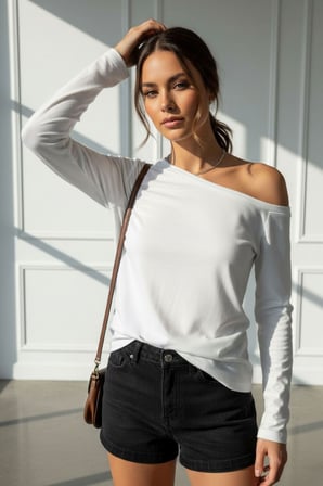 Siyah Beyaz Çizgili Kadın Düşük Omuz Kayık Yaka Rahat Kesim Uzun Kollu T-Shirt