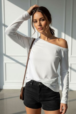 Siyah Beyaz Çizgili Kadın Düşük Omuz Kayık Yaka Rahat Kesim Uzun Kollu T-Shirt