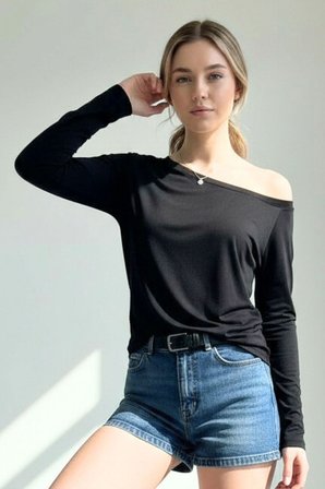 Siyah Beyaz Çizgili Kadın Düşük Omuz Kayık Yaka Rahat Kesim Uzun Kollu T-Shirt