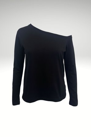 Siyah Beyaz Çizgili Kadın Düşük Omuz Kayık Yaka Rahat Kesim Uzun Kollu T-Shirt