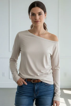 Siyah Beyaz Çizgili Kadın Düşük Omuz Kayık Yaka Rahat Kesim Uzun Kollu T-Shirt