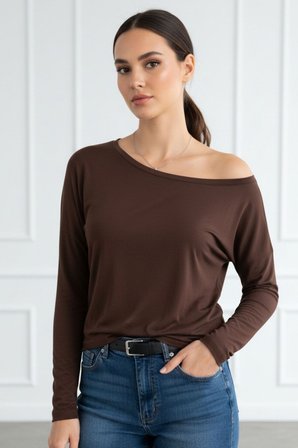 Siyah Beyaz Çizgili Kadın Düşük Omuz Kayık Yaka Rahat Kesim Uzun Kollu T-Shirt