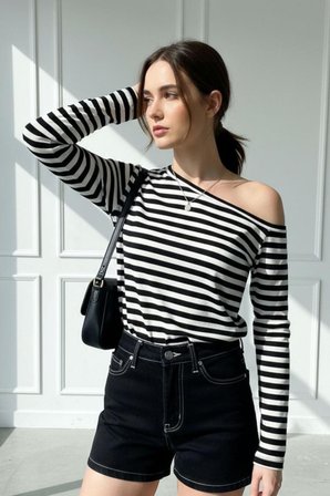 Siyah Beyaz Çizgili Kadın Düşük Omuz Kayık Yaka Rahat Kesim Uzun Kollu T-Shirt