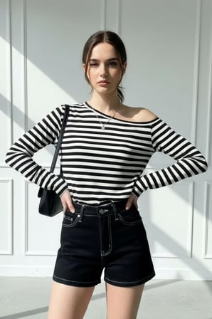 Siyah Beyaz Çizgili Kadın Düşük Omuz Kayık Yaka Rahat Kesim Uzun Kollu T-Shirt
