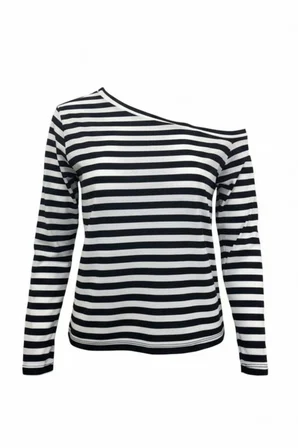 Siyah Beyaz Çizgili Kadın Düşük Omuz Kayık Yaka Rahat Kesim Uzun Kollu T-Shirt