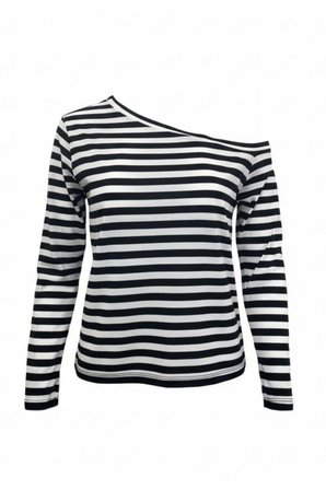 Siyah Beyaz Çizgili Kadın Düşük Omuz Kayık Yaka Rahat Kesim Uzun Kollu T-Shirt