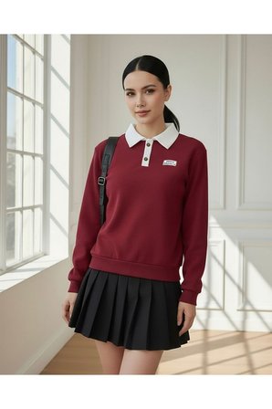 Polo Yaka Düğmeli Waffle Kumaştan Uzun Kol Sweatshirt