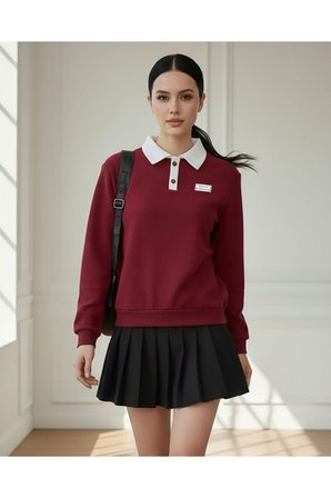 Polo Yaka Düğmeli Waffle Kumaştan Uzun Kol Sweatshirt