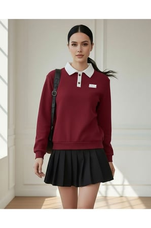 Polo Yaka Düğmeli Waffle Kumaştan Uzun Kol Sweatshirt