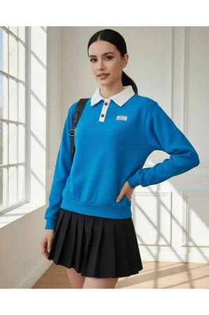 Polo Yaka Düğmeli Waffle Kumaştan Uzun Kol Sweatshirt