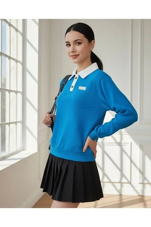 Polo Yaka Düğmeli Waffle Kumaştan Uzun Kol Sweatshirt