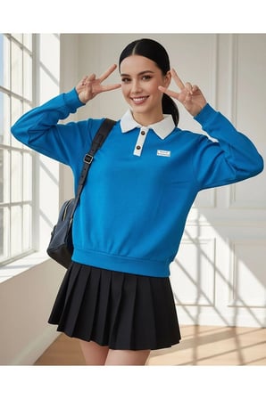 Polo Yaka Düğmeli Waffle Kumaştan Uzun Kol Sweatshirt