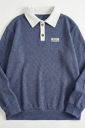 Polo Yaka Düğmeli Waffle Kumaştan Uzun Kol Sweatshirt