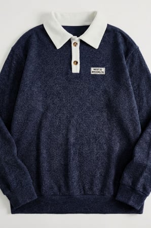 Polo Yaka Düğmeli Waffle Kumaştan Uzun Kol Sweatshirt