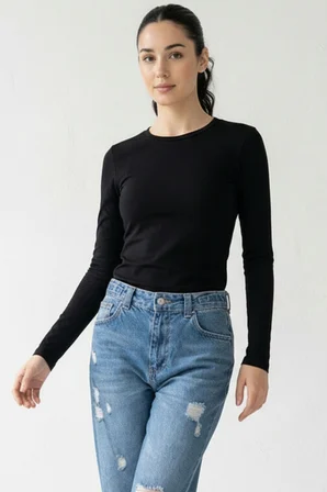 Kadın 2'li Basic Uzun Kol Bisiklet Yaka Likrasız Slim Fit Tişört