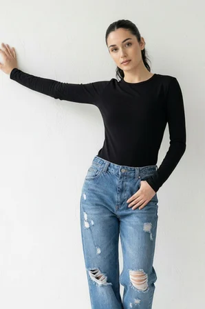 Kadın 2'li Basic Uzun Kol Bisiklet Yaka Likrasız Slim Fit Tişört
