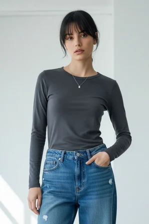 Kadın 2'li Basic Uzun Kol Bisiklet Yaka Likrasız Slim Fit Tişört