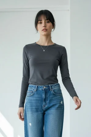 Kadın 2'li Basic Uzun Kol Bisiklet Yaka Likrasız Slim Fit Tişört