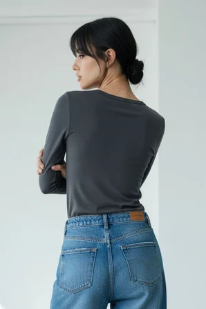 Kadın 2'li Basic Uzun Kol Bisiklet Yaka Likrasız Slim Fit Tişört