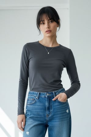 Kadın 2'li Basic Uzun Kol Bisiklet Yaka Likrasız Slim Fit Tişört