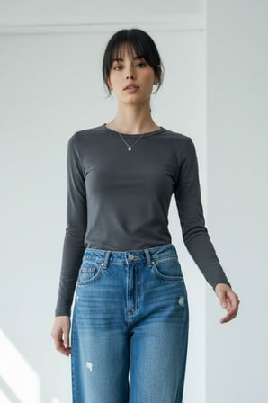 Kadın 2'li Basic Uzun Kol Bisiklet Yaka Likrasız Slim Fit Tişört